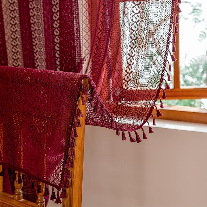 Sutuo Home Burgundy Boho Lace Curtains 72 inch Lengh for Nursery Bedroom Bathroom, Red Semi Sheer Curtains Privacy Crochet Vintage Tassels Bohemian Drapes Window Treatments Rod Pocket, 2 Panels 50" W