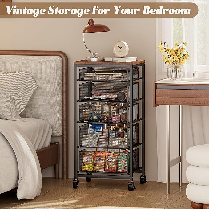 Rolling Cart with Drawers, 5-Drawer Storage Cart on Wheels with Vintage Wooden Top, Heavy Duty Metal Utility Cart, Mobile Craft Art Storage Cart for Kitchen, Bathroom, Office, Bedroom, Art Studio