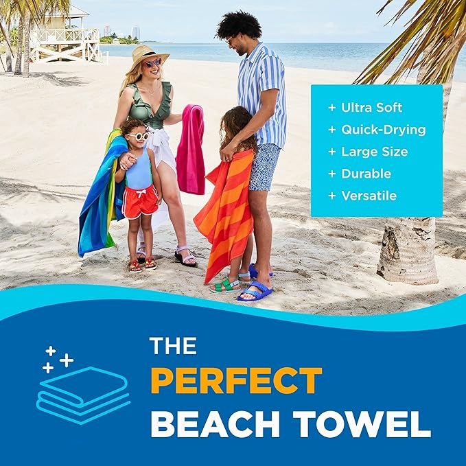 Kaufman - Soft Oversized Beach Towels in Bulk | 29" x 58" Velour Striped Towel | Absorbent, Quick-Drying | 100% Cotton Thick Towels (4 Pack)