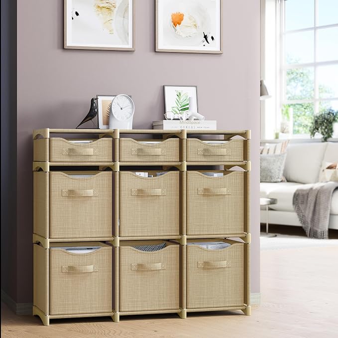 Cube Storage Organizer with 9 Storage Bins Included – Storage Cubes for Home Organization, Toy Storage, Office Storage, Living Room Storage, and General Storage Solution (Beige)