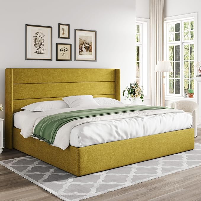 Allewie King Size Lift Up Hydraulic Storage Bed Frame Olive Yellow | Modern Wingback Headboard, Hydraulic Support Storage, No Box Spring Needed