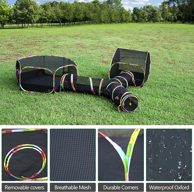 Outdoor Cat Enclosure, 3-in-1 Portable Pop Up Cat Mesh Tent with Tunnel for Cat Run, Easy Set Up and Foldable Catio Playground for Indoor Cats, Rabbits & Small Animals, Includes Storage Bag