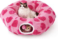 Lesure Cat Tunnel Bed for Indoor Cats - Cute Cat Donut Tunnel Toys with Washable Circle Cushion, Valentine's Day Gifts for Cats, Round Pet Peekaboo Cave Toy for Kitten, Standard Lover Hearts