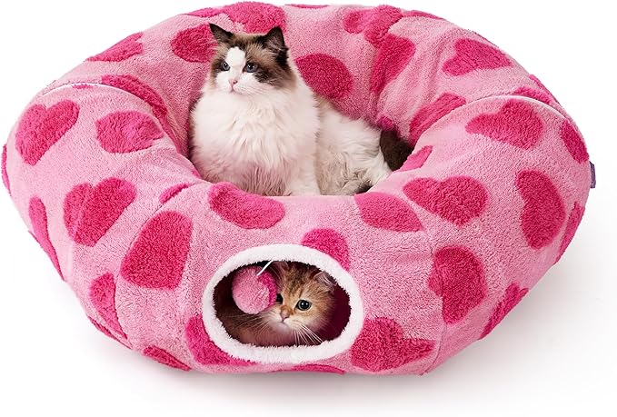 Lesure Cat Tunnel Bed for Indoor Cats - Cute Cat Donut Tunnel Toys with Washable Circle Cushion, Valentine's Day Gifts for Cats, Round Pet Peekaboo Cave Toy for Kitten, Standard Lover Hearts