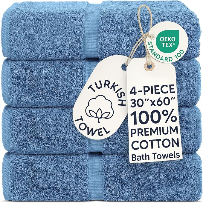 Chakir Turkish Linens 100% Cotton Premium Turkish Towels for Bathroom | 30'' x 60'' Large Bath Towels (4 Piece, Wedgewood)