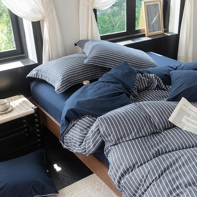 Reversible Duvet Cover Set 100% Washed Cotton Blue Stripe Linen Feel Duvet Cover Super King Size with Zipper Closure & 2 Pillow Shams,Navy/White Stripe Reverse Solid Navy