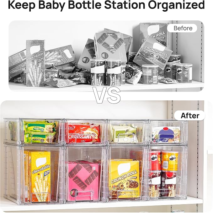 Vtopmart 8 Pack Clear Stackable Storage Drawers, Pull-Out Organizers, 4 Tall and 4 Small for Under Sink, Pantry, Bathroom, Closet and Kitchen Cabinets