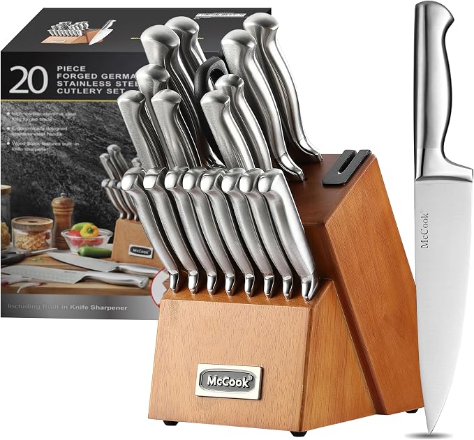 McCook Knife Set Kitchen Steel Knife Block Set w Built-in Sharpener | German Forged Stainless Steel, 20 PC,Razor Sharp, Anti-Rust,Restaurant Grade,Ergonomic Handles,Full Tang,Gift Box