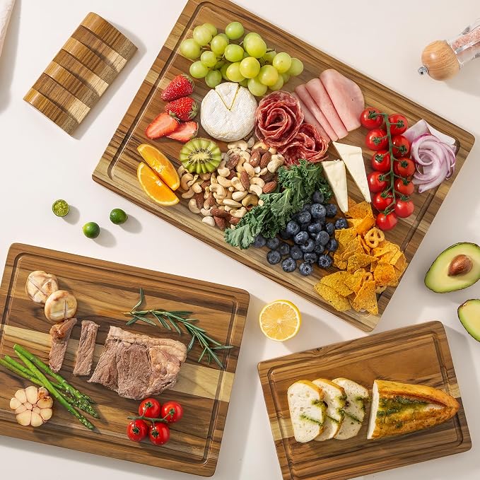 Teak Wood Cutting Board Set of 3 Wooden Cutting Boards for Kitchen | Premium Teak Wood • FSC Certified • Deep Juice Groove • Built-In Handles • Non-Slip Feet • 3 Practical Sizes • Gift-Ready Box