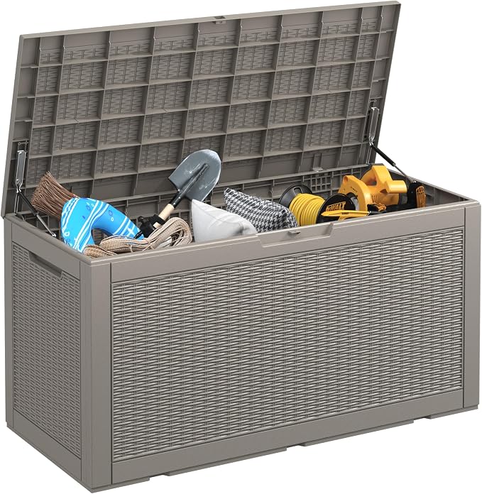 120 Gallon Waterproof Large Resin Deck Box, Lockable Large Outdoor Storage Boxes Indoor Outdoor Storage Container for Patio Cushions, Gardening Tools, Pool Supplies, Grey
