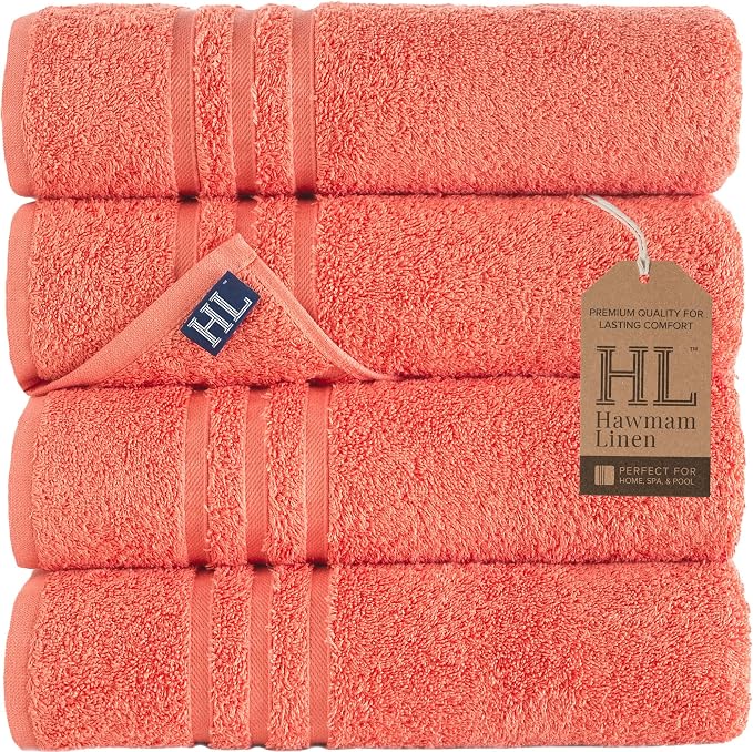 Hawmam Linen Coral Orange Bath Towels 4 Pack Soft and Absorbent, Premium Quality Perfect for Daily Use 100% Cotton Towel 600 GSM