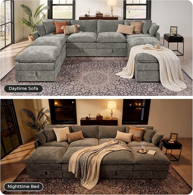 Ihanherry 135” Oversized Sectional Sofa Bed with Storage, 8-Seater Modular Cloud Couch with Movable Ottomans, Chenille Deep Seat Sleeper Couches for Living Room (Grey)