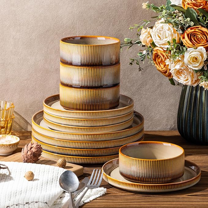 TheTerra Ceramic Dinnerware Sets for 6, 18 Pieces Porcelain Lightweight Plates and Bowls Sets, Scratch Resistant Dish Set, Oven & Microwave & Dishwasher Safe, Creamy Amber