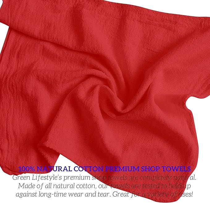 GREEN LIFESTYLE Shop Towels 12" x 14" 150 Pack - Red Cotton Shop Towels, Cleaning Rags, Reusable Shop Rags, Absorbent Terry Cloth Towels for Garage, Automotive and Home Use