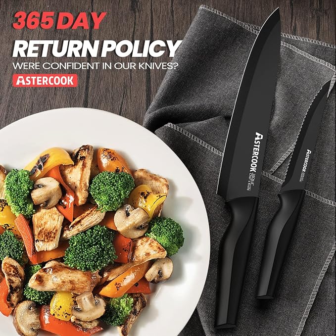 Knife Set, Astercook 21 Pieces Knife Sets for Kitchen with Block, Dishwasher Safe Kitchen Knife Set with Built-in Sharpener, German Stainless Steel Black Knife Block Set, Fathers Day Gift for Men