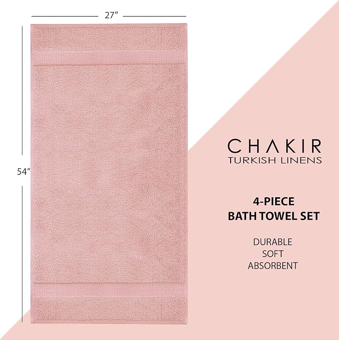 Chakir Turkish Linens 4 Piece Bath Towel Set, 100% Cotton Luxury Turkish Towels for Bathroom, Soft Absorbent Bath Towels, 27 x 54 Inches, Pink