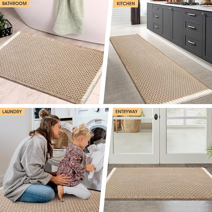 IM HOME Waffle Bath Mat Beige & White 32"x20", Boho Woven Modern Bath Mat Rugs, Absorbent Non Slip Bathroom Rugs, Soft Washable Bath Rugs with Tassels for Bedroom, Kitchen, Shower, Tub