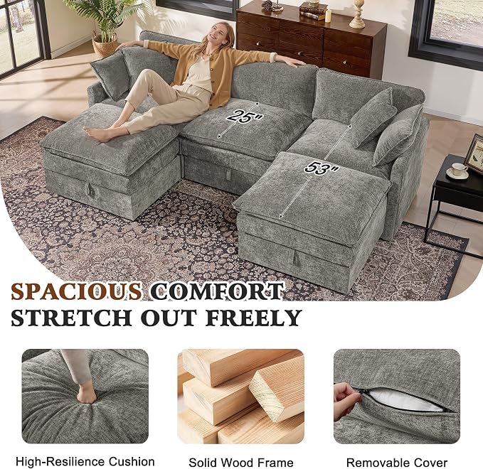Ihanherry 103” Modular Sectional Sofa with Storage, U Shaped Cloud Couch with Movable Ottomans & 4 Pillows, Chenille Deep Seat Sectional Couches for Living Room, Apartment (Grey)