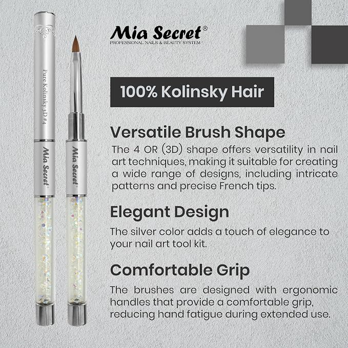 Mia Secret PREMIER NAIL BRUSHES 100% Kolinsky Hair MADE IN USA Prenium Nail Art Brushes (Silver, 4 OR (3D))
