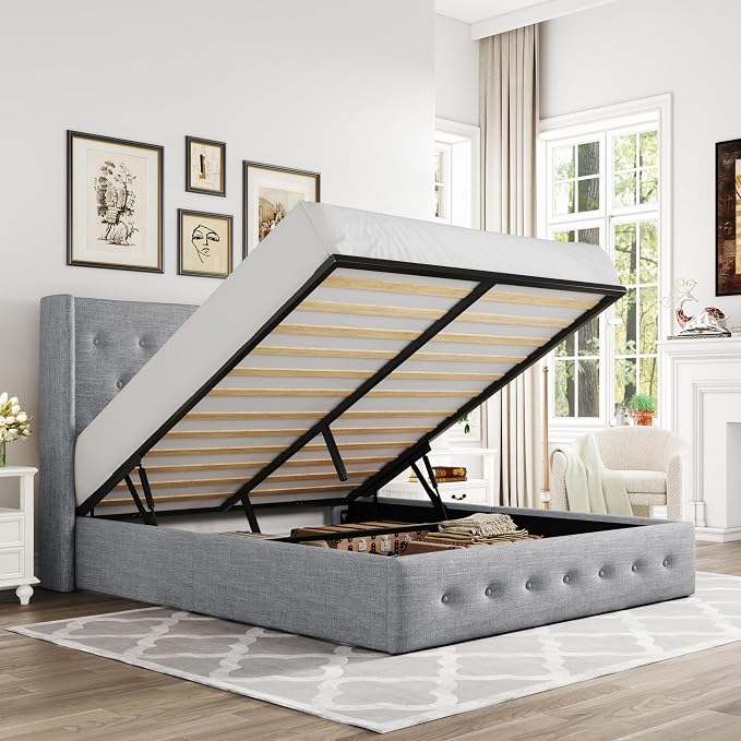 Allewie Full Size Lift Up Storage Button-Tufted Bed Frame Light Grey | Modern Wingback Headboard, Hydraulic Support Storage, No Box Spring Needed