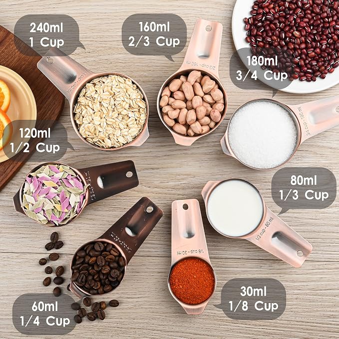 Measuring Cups and Spoons Set, Copper Plated Measuring Cups Spoons, Stainless Steel 7 Measuring cups and 9 Measuring Spoons 1 Leveler for Baking and Kitchen