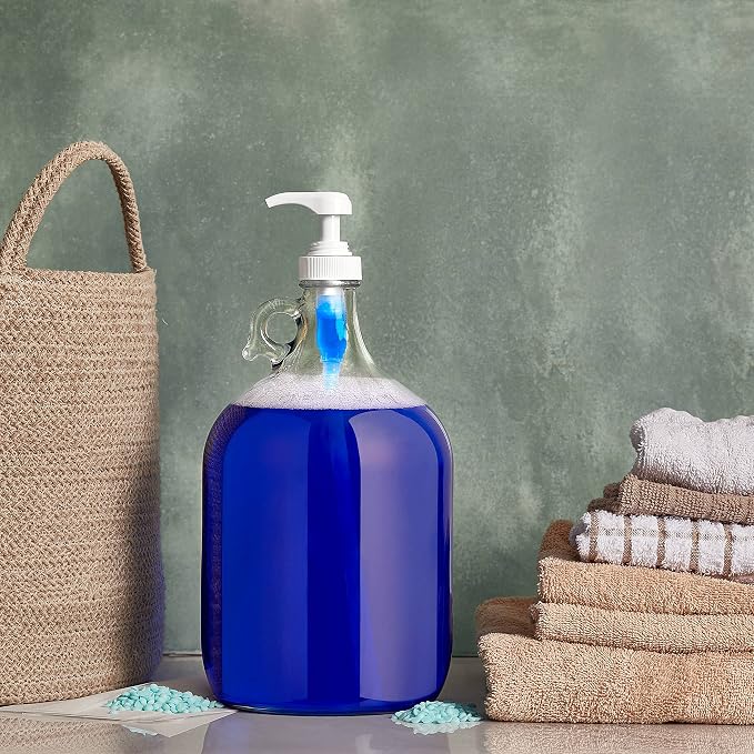 kitchentoolz Gallon Glass Pump Dispenser Bottle, Large Jug Laundry Liquid Detergent Dispenser with Pump for Laundry Room Organization, Soap, Fabric Softener, Commercial Condiment Dispenser- 128 oz