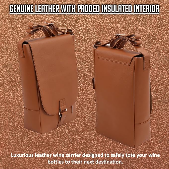 Vino2 Two Bottles Saddle Leather Wine Tote Messenger Carrier (Brown)