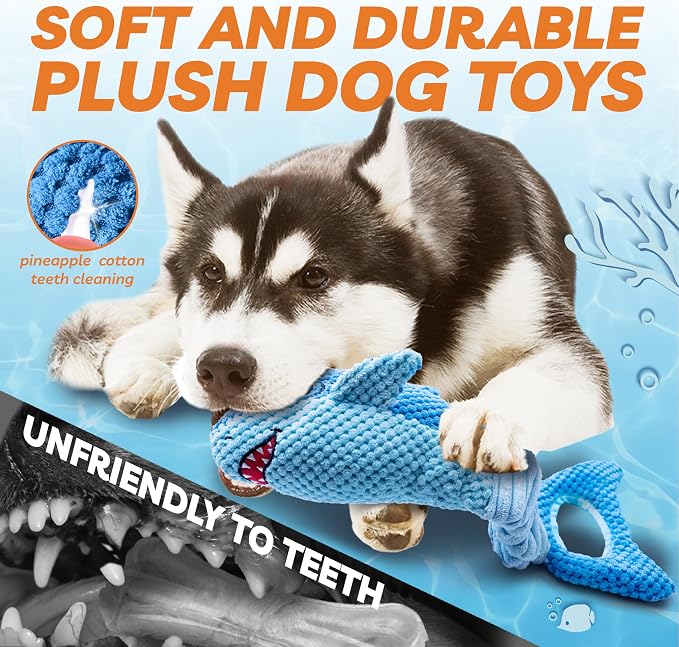 LEGEND SANDY Squeaky Dog Toys for Large Dogs – Interactive Plush Shark Toy with Crinkle & Tug of War Tail, Puppy Chew Toys for Small Medium Large Breeds