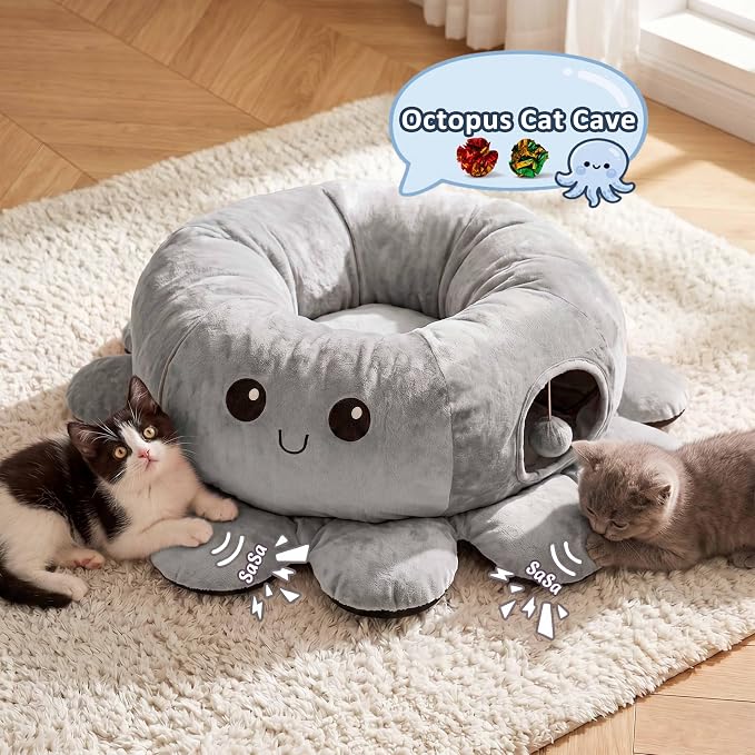 Cat Tunnel Bed for Indoor Cats, Peekaboo Cat Cave Bed with 20 Pcs Cat Toys, Soft Cat Donut Tunnel for Kitten Large Cats, Grey Octopus