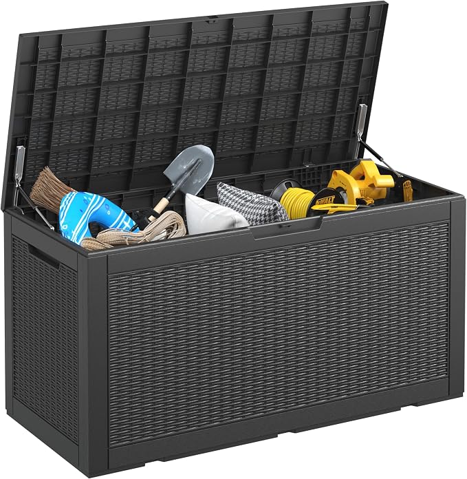 120 Gallon Waterproof Large Resin Deck Box, Lockable Large Outdoor Storage Boxes Indoor Outdoor Storage Container for Patio Cushions, Gardening Tools, Pool Supplies, Black