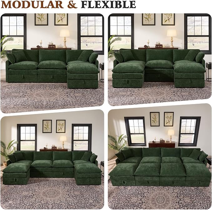 Ihanherry 135” Oversized Sectional Sofa Bed with Storage, 8-Seater Modular Cloud Couch with Movable Ottomans, Chenille Deep Seat Sleeper Couches for Living Room (Green)