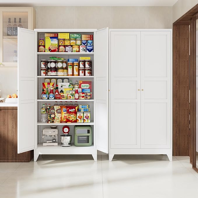 75" H Metal Storage Cabinet with 2 Doors and 4 Shelves,Tall Kitchen Pantry Cabinets,Farmhouse Utility Pantry Organizers for Cupboard/Dining/Bathroom/Home Office/Garage Room,White