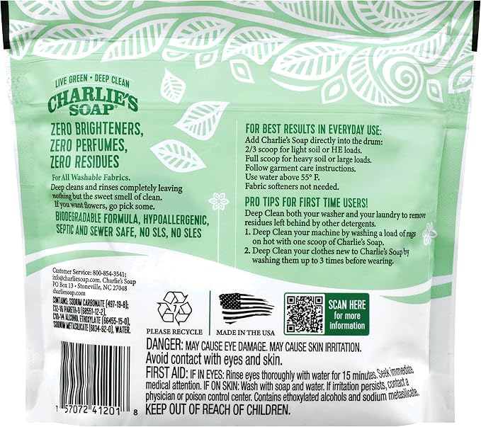 Charlie's Soap Unscented Laundry Powder, 300 Loads | Concentrated Detergent for Standard & HE Washers (Six 50-load Bags, 300 Total Loads)