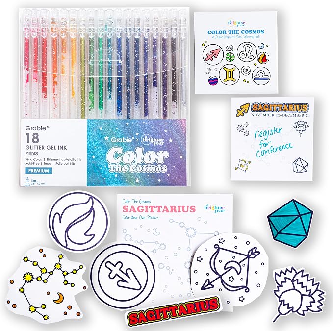 A Brighter Year Large Color The Cosmos Sagittarius Bundle - Adult Mini Coloring Book (3" x 3" - 50 Pages), Post It Notes (50-3” x 3”), Stickers, & Gel Pens - Stress Relief, Mindfulness, Gift, Travel