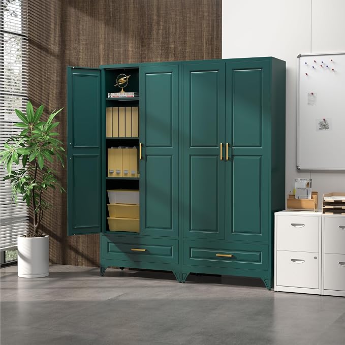 SteeLoong 75" Metal Storage Cabinet with Doors and 3 Adjustable Shelves | Kitchen Pantry Cabinet with Drawer,Green Kitchen Cabinet with 2 Gold Handles,Food Cupboard for Livingroom,Pantry, Bathroom