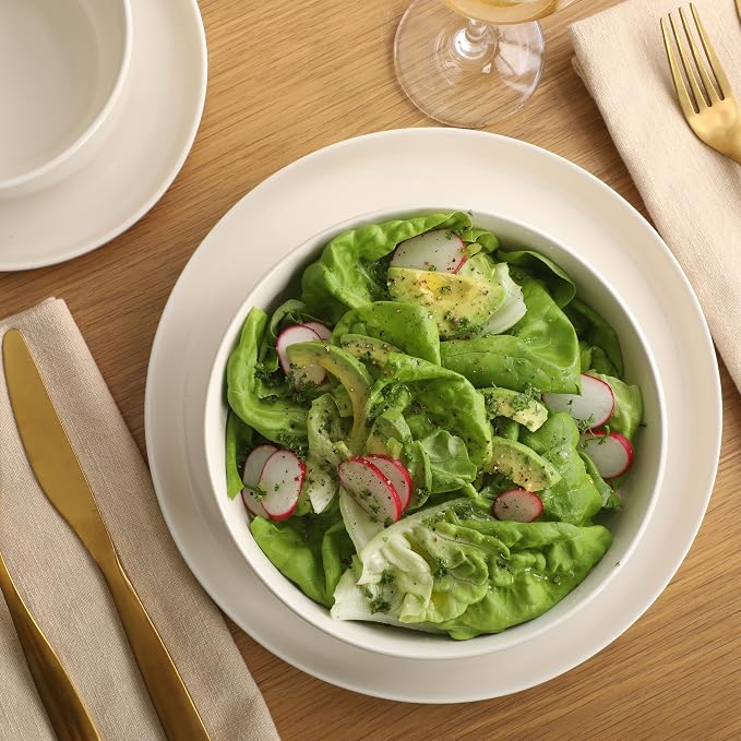 Gibson Home Serenity 16 Piece Modern Porcelain Dinnerware Set for 4, Linen White Plates and Bowls Set, Dinner Plates, Salad Plates, Pasta Bowls, Cereal Bowls