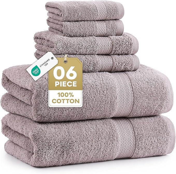 LANE LINEN Towel Set Quick Dry 100% Cotton 6 Piece Soft - Platinum | Cotton Bath Towel Set - Ring-Spun Durability, Ring-Spun Cotton, Terry Weave Comfort, Long-Lasting Comfort, Hotel-Style Look