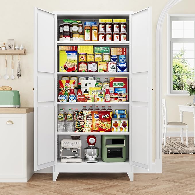 75" H Metal Storage Cabinet with 2 Doors and 4 Shelves,Tall Kitchen Pantry Cabinets,Farmhouse Utility Pantry Organizers for Cupboard/Dining/Bathroom/Home Office/Garage Room,White