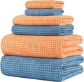 POLYTE 430 GSM Microfiber Quick Dry Lint Free Oversize Bath Towel Set, 6 Piece (Waffle Weave)