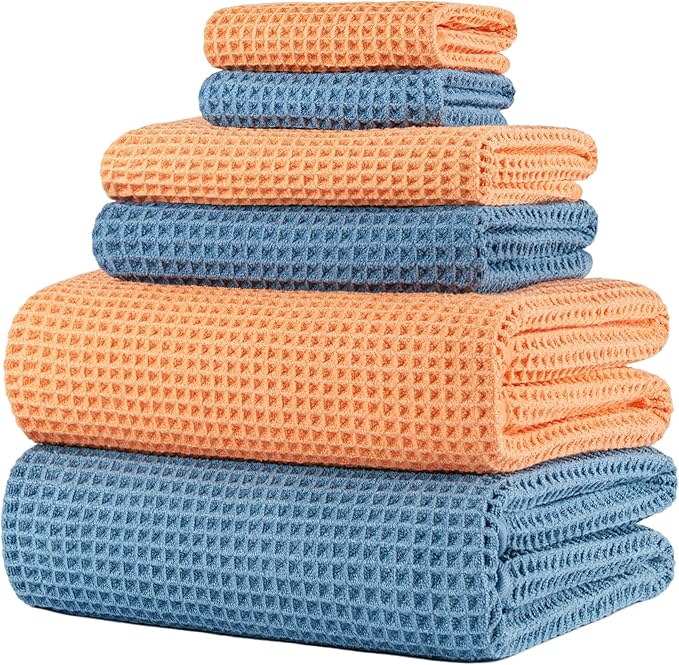 POLYTE 430 GSM Microfiber Quick Dry Lint Free Oversize Bath Towel Set, 6 Piece (Waffle Weave)