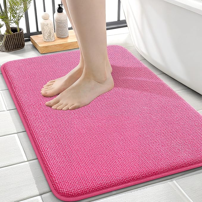 OLANLY Memory Foam Small Bathroom Rugs 24x16, Absorbent Bath Mat, Hot Pink | Soft Quick Dry Bath Mat Rugs, Non-Slip, Machine Washable Mat for Bathroom Floor, Tub and Shower, Home Decor Accessories
