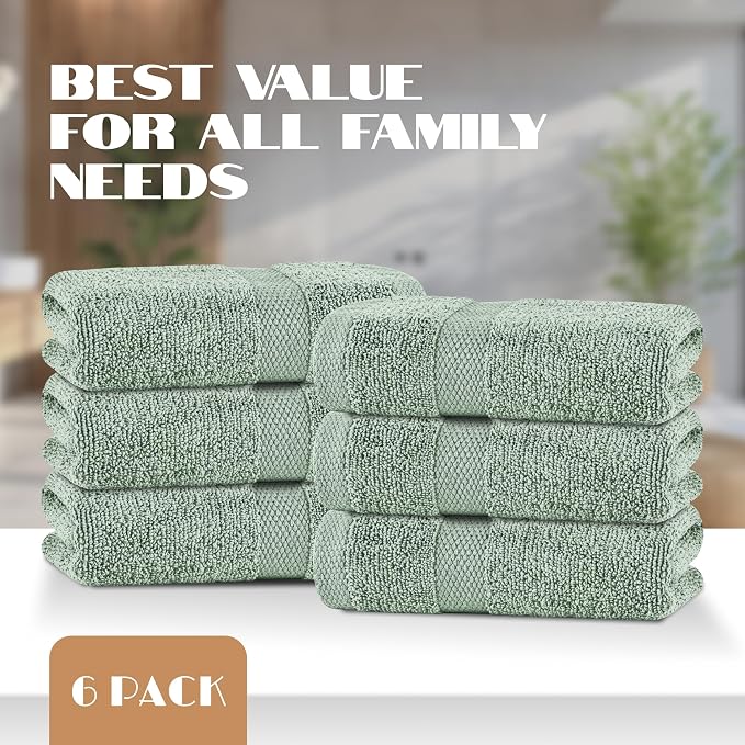 White Classic Green Hand Towels for Bathroom [6 Pack] Cotton Hand Towel Bulk for Gym, Kitchen and Spa, 16x27 Inches Soft Highly Absorbent Quick Dry Terry Salon Towels