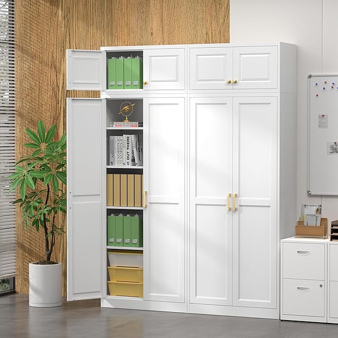 Steeloong 86"Metal Pantry Storage Cabinet with Doors & 4 Adjustable Shelves | Kitchen Pantry Cabinet,White Kitchen Cabinet with 4 Gold Handles,Tall Cabinet for Livingroom,Pantry, Bathroom,Kitchen,Garage