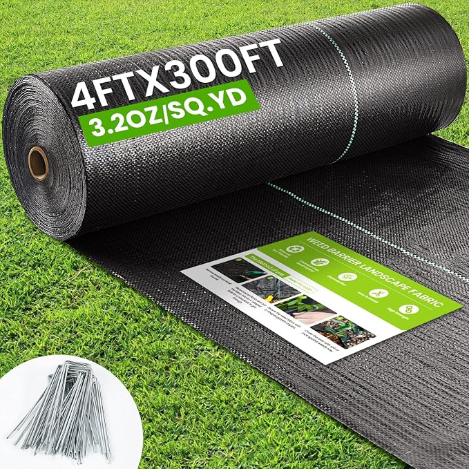 Rintea Weed Barrier Fabric, 4 x 300 ft, 3.2 oz Landscape Fabric | Heavy-duty woven polypropylene with guide lines and 20 U-stakes for gardens, flower beds, landscaping and driveways