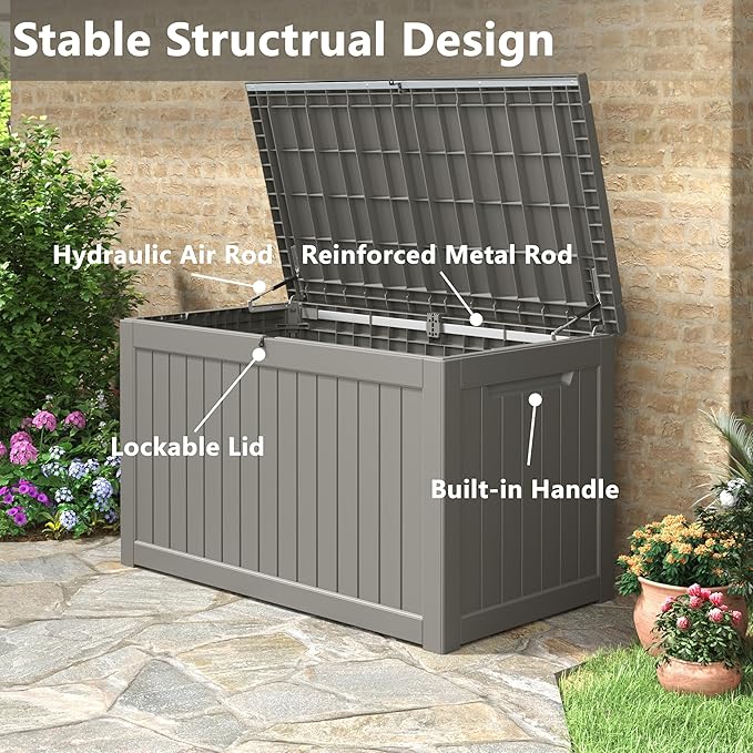 280 Gallon Outdoor Storage Box, Resin Deck Boxes Indoor and outdoor, Waterproof Storage Box Lockable Lid for Garden Tools, Package Delivery, Patio Cushions, Grey