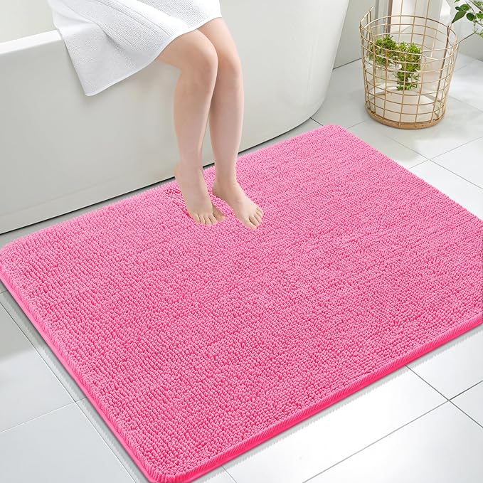 OLANLY Large Bathroom Rugs 40x32, Extra Soft Absorbent Chenille Bath Rugs, Rubber Backing Quick Dry, Machine Washable Bath Mats for Bathroom Floor, Tub and Shower, Home Decor Accessories, Hot Pink
