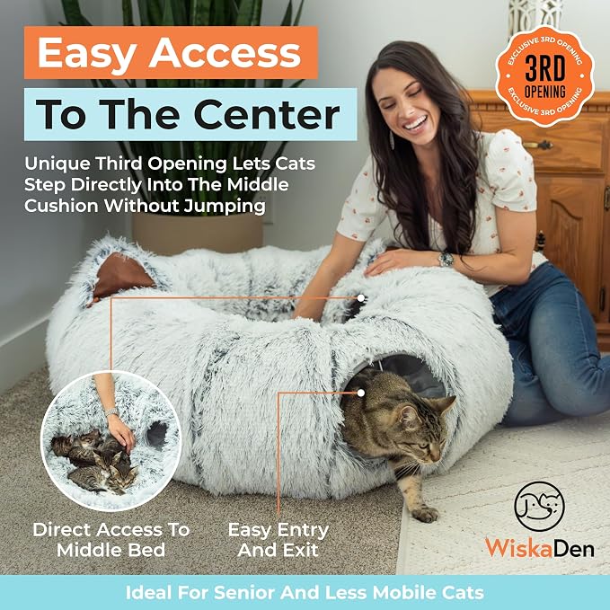 WiskaDen XL Plush Cat Tunnel Bed with Toy and Elderly Feline Access. 3-in-1 Light Grey Fluffy Donut Cushion with Ears. Circle Tube for Indoor Cats Leisure, Hiding Spot, Dog Bed, or Rabbit Cave