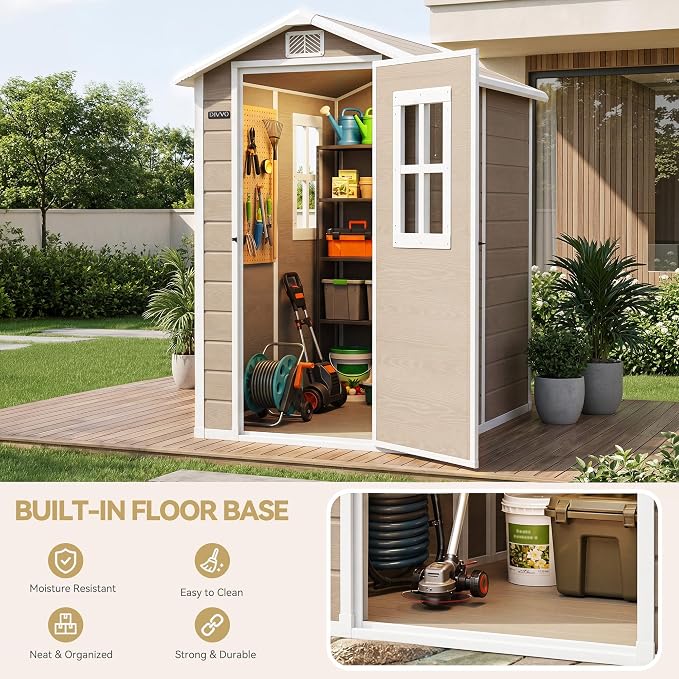 DWVO Outdoor Storage Shed 4.4×6FT, Plastic Garden Shed with 2 Windows | Resin Outdoor Tool Shed with Floor, Door Handle & Lock, Vents for Backyard Patio, Stores Bike Garden Tools, Beige