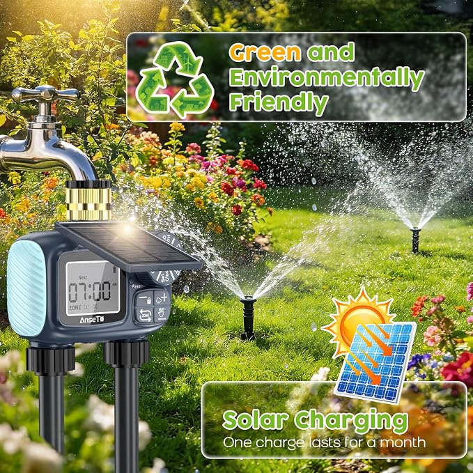 Solar Sprinkler Timer,Brass Inlet Hose Timer for Garden Hose,Programmable Water Timers,Plant Watering Devices,Garden Watering System, Rain Delay/Manual/Automatic Irrigation System, 2 Outlet