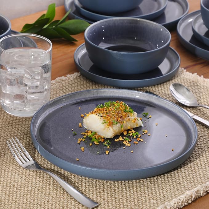 Gibson Elite Reactive Stoneware Dinnerware Set - Tahoe Sunset Matte Exterior & Shiny Interior Blue | 12-Piece – Plates and Bowls, Durable Everyday Dish Set, Microwave & Dishwasher Safe